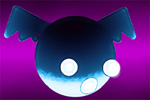 Un personaje esférico con alas y ojos brillantes sobre un fondo morado