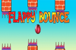 Título FLAPPY BOUNCE en colores brillantes con un fondo azul y obstáculos de ladrillos con púas