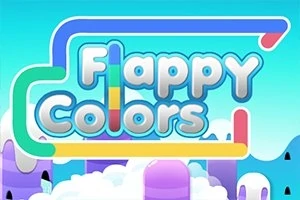 Título Flappy Colors con letras coloridas sobre un fondo de nubes y colinas en tonos pasteles