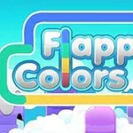 Título Flappy Colors con letras coloridas sobre un fondo de nubes y colinas en tonos pasteles