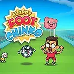 Una caricatura de un campo de fútbol con un jugador emocionado y un personaje enojado al lado de un perro, bajo un logo colorido flotante y un balón de fútbol animado en el centro