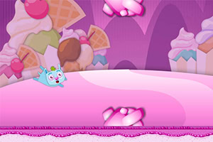 Escenario colorido con fondo de helados y dulces, y un personaje azul con aspecto alegre deslizándose en una superficie rosa