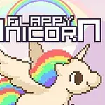 Un unicornio pixelado con crin y cola de arcoíris volando sobre un fondo celestial con un arcoíris