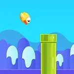 Personaje amarillo volador entre tubos verdes sobre un fondo de colinas azules