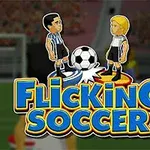Caricaturas de dos jugadores de fútbol encima de discos, con un balón de por medio, acompañadas del texto Flicking Soccer en un campo de fútbol desenfocado