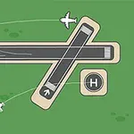 Pista de aterrizaje en un campo verde con dos aviones en ruta y una plataforma de helicópteros