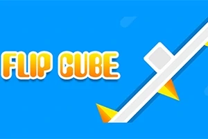 Texto FLIP CUBE en amarillo y blanco sobre fondo azul con un cubo blanco inclinado en una línea diagonal, acompañado de triángulos amarillos