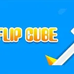 Texto FLIP CUBE en amarillo y blanco sobre fondo azul con un cubo blanco inclinado en una línea diagonal, acompañado de triángulos amarillos