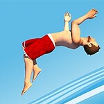 Hombre en traje de baño rojo realizando un salto mortal hacia atrás sobre un fondo azul con rayas
