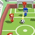 Jugadores de futbol en forma de bloques rojos y azules frente a una portería en un campo de juego con un balón en el centro