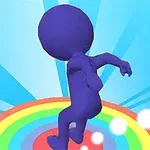 Figura azul sobre una plataforma de arcoíris con fondo azul radiante