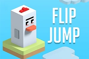 Un personaje en forma de pollo cúbico sobre una plataforma flotante con texto que dice FLIP JUMP en el fondo azul