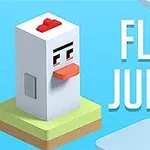 Un personaje en forma de pollo cúbico sobre una plataforma flotante con texto que dice FLIP JUMP en el fondo azul