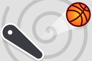 Un fondo con espirales grises presenta un flipper negro y blanco a la izquierda, y una pelota de baloncesto naranja a la derecha