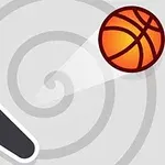 Un fondo con espirales grises presenta un flipper negro y blanco a la izquierda, y una pelota de baloncesto naranja a la derecha