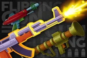 Armas de juguete coloridas con un rifle disparando fuego en un fondo oscuro