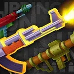 Armas de juguete coloridas con un rifle disparando fuego en un fondo oscuro