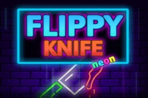 Letrero de neón en un muro de ladrillos con las palabras FLIPPY KNIFE y un cuchillo resaltado en colores brillantes