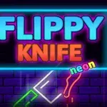 Letrero de neón en un muro de ladrillos con las palabras FLIPPY KNIFE y un cuchillo resaltado en colores brillantes