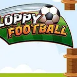 Logo con el texto Floppy Football acompañado de un balón de fútbol y elementos gráficos de tubos en un paisaje al aire libre