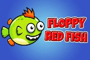 Pez verde caricaturesco con aletas y cresta naranja junto al texto Floppy Red Fish en un fondo azul