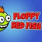 Pez verde caricaturesco con aletas y cresta naranja junto al texto Floppy Red Fish en un fondo azul