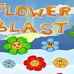 Título Flower Blast con ilustraciones de flores sonrientes en varios colores sobre un fondo azul