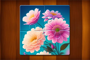 Rompecabezas de cuatro piezas con ilustración de flores rosadas y amarillas sobre un fondo azul