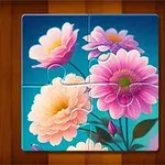 Rompecabezas de cuatro piezas con ilustración de flores rosadas y amarillas sobre un fondo azul