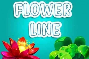 Texto Flower Line en un fondo azul con flores coloridas en la parte inferior