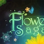 Texto Flower Saga rodeado de flores coloridas y un fondo oscuro