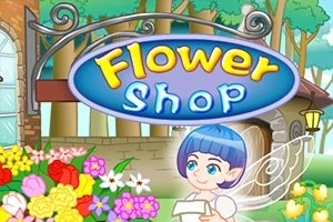 Hada con cabello azul y alas transparentes frente a un letrero que dice Flower Shop, rodeada de flores coloridas en un entorno de bosque