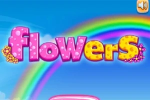 La imagen muestra la palabra flowers en letras coloridas con un diseño de flores y un arcoíris en el fondo sobre un cielo azul