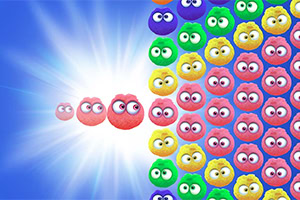 Esfera roja con ojos se acerca a grupo de esferas coloridas con ojos, sobre un fondo azul