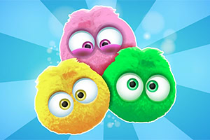 Tres esponjosas y coloridas criaturas con ojos grandes en tonos rosa, verde y amarillo sobre un fondo azul radial