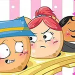 Personajes animados con expresiones divertidas y preocupadas, con fondo de rayas verticales rosas y blancas