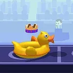 Pato inflable amarillo sobre una superficie morada con una pequeña corona flotante encima