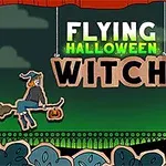 Bruja volando en escoba con un gato, árbol, murciélago y lápida de fondo; título Flying Halloween Witch al frente