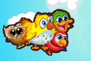 Cuatro pájaros caricaturescos de colores brillantes con grandes ojos sobre un fondo azul claro