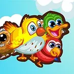Cuatro pájaros caricaturescos de colores brillantes con grandes ojos sobre un fondo azul claro