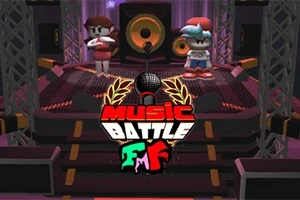 Dos personajes de pie en un escenario con altavoces grandes y luces de color morado, con el texto Music Battle y un micrófono en el centro