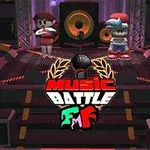Dos personajes de pie en un escenario con altavoces grandes y luces de color morado, con el texto Music Battle y un micrófono en el centro
