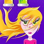 Dibujo de una chica con cabello rubio suelto y expresivos ojos verdes sobre un fondo púrpura con tubos de colores