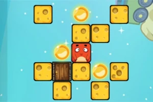 Un personaje rojo rodeado de bloques de queso y un portón de madera en un fondo azul con partículas brillantes