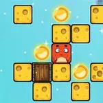 Un personaje rojo rodeado de bloques de queso y un portón de madera en un fondo azul con partículas brillantes