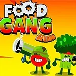 Frutas y verduras antropomórficas con armas y fondo amarillo brillante