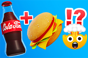 Botella de refresco y hamburguesa con un símbolo de suma seguido de un emoji sorprendido en un fondo azul