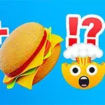 Botella de refresco y hamburguesa con un símbolo de suma seguido de un emoji sorprendido en un fondo azul