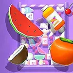 Rodaja de sandía, jugo, cerezas, coco y una naranja sobre un fondo lila