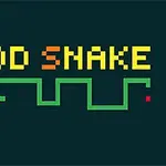 Texto pixelado en colores naranja y amarillo que dice FOOD SNAKE sobre un fondo oscuro, con una línea verde semejante a una serpiente